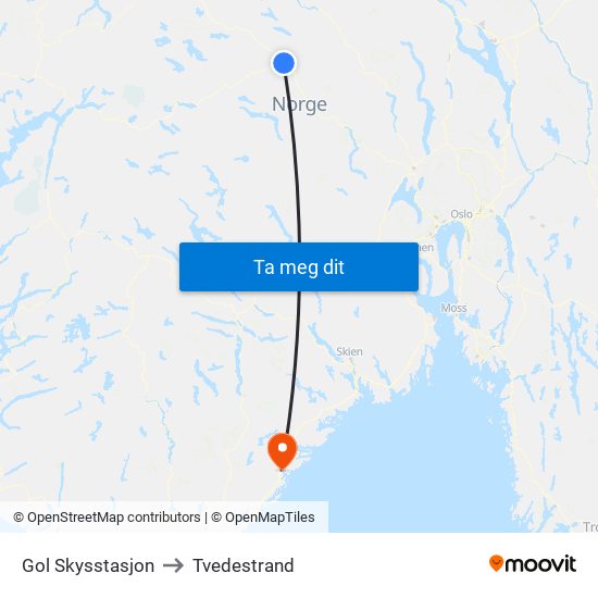 Gol Skysstasjon to Tvedestrand map