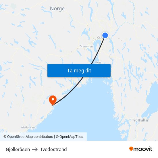 Gjelleråsen to Tvedestrand map