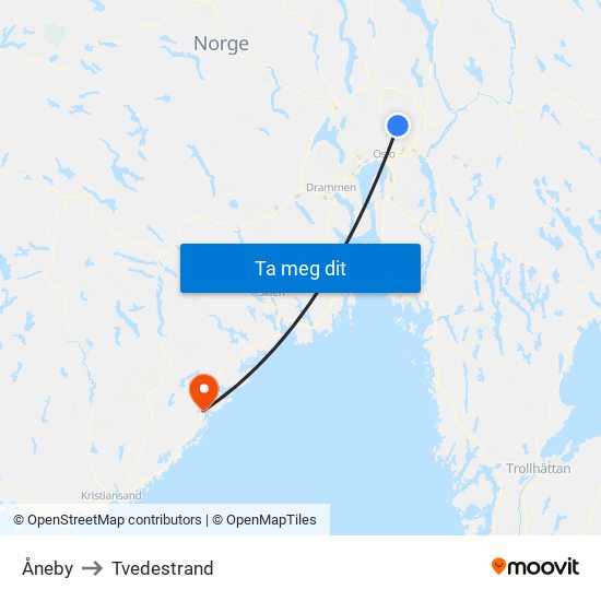 Åneby to Tvedestrand map