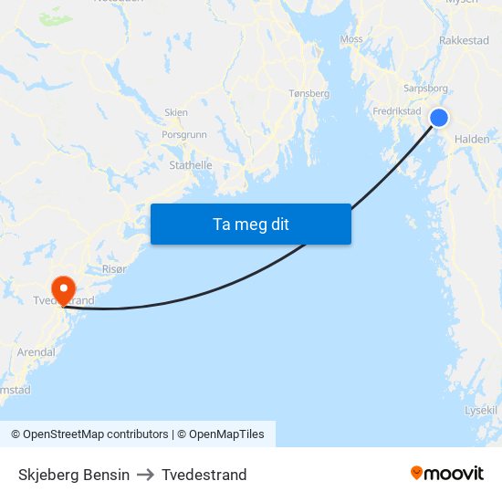 Skjeberg Bensin to Tvedestrand map