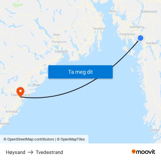 Høysand to Tvedestrand map