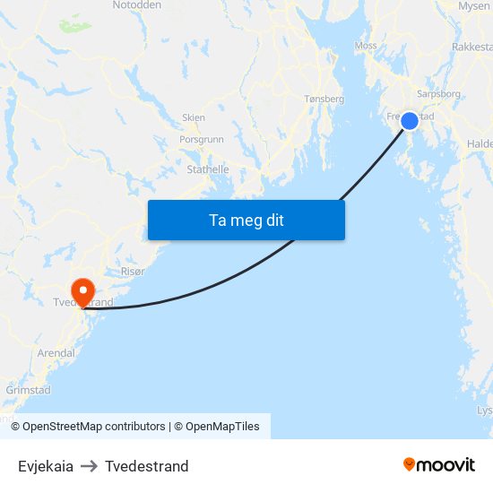 Evjekaia to Tvedestrand map