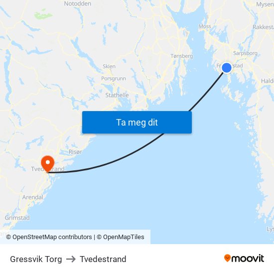Gressvik Torg to Tvedestrand map