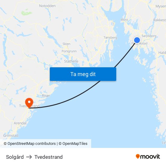 Solgård to Tvedestrand map