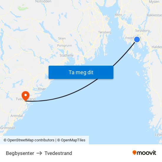 Begbysenter to Tvedestrand map