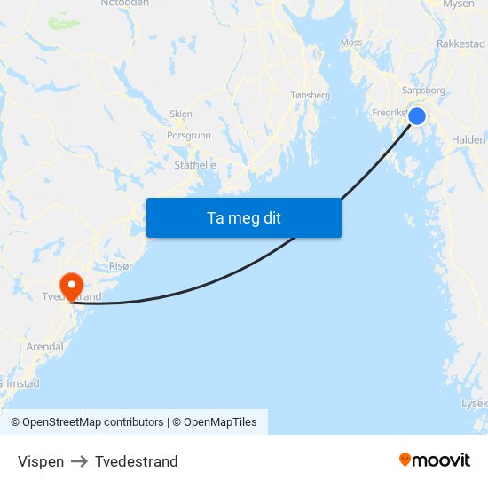 Vispen to Tvedestrand map