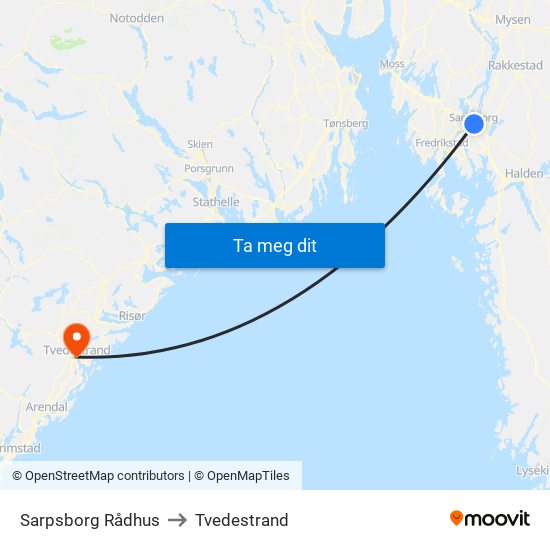 Sarpsborg Rådhus to Tvedestrand map