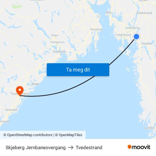 Skjeberg Jernbaneovergang to Tvedestrand map
