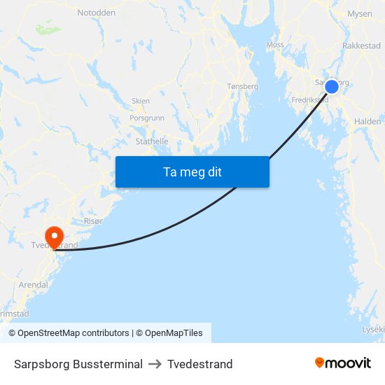 Sarpsborg Bussterminal to Tvedestrand map