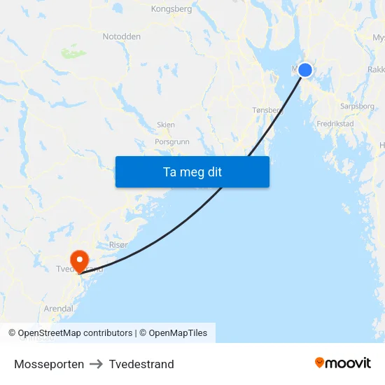 Mosseporten to Tvedestrand map