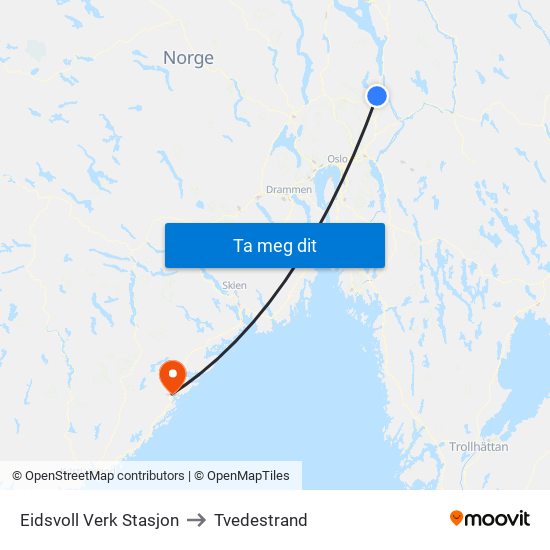 Eidsvoll Verk Stasjon to Tvedestrand map