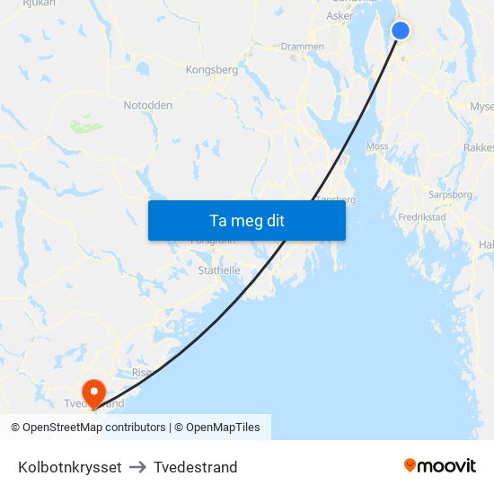 Kolbotnkrysset to Tvedestrand map