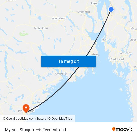 Myrvoll Stasjon to Tvedestrand map