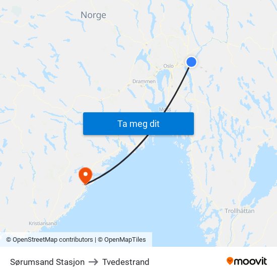 Sørumsand Stasjon to Tvedestrand map