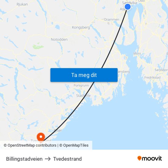 Billingstadveien to Tvedestrand map