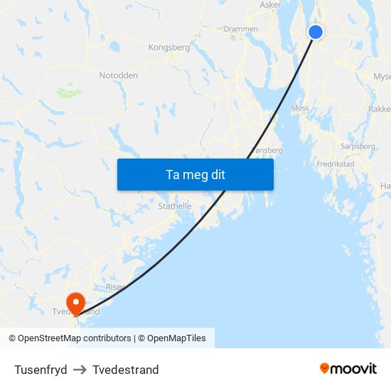 Tusenfryd to Tvedestrand map