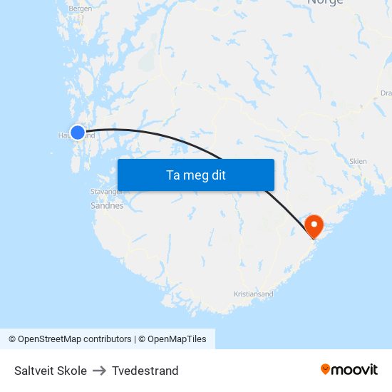 Saltveit Skole to Tvedestrand map