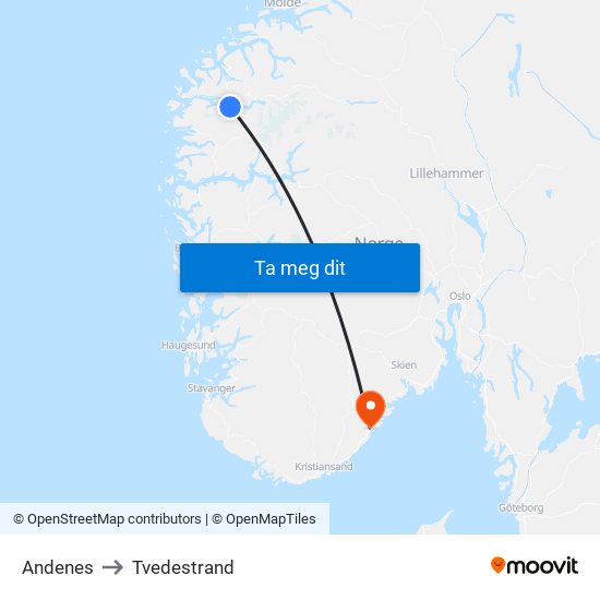 Andenes to Tvedestrand map