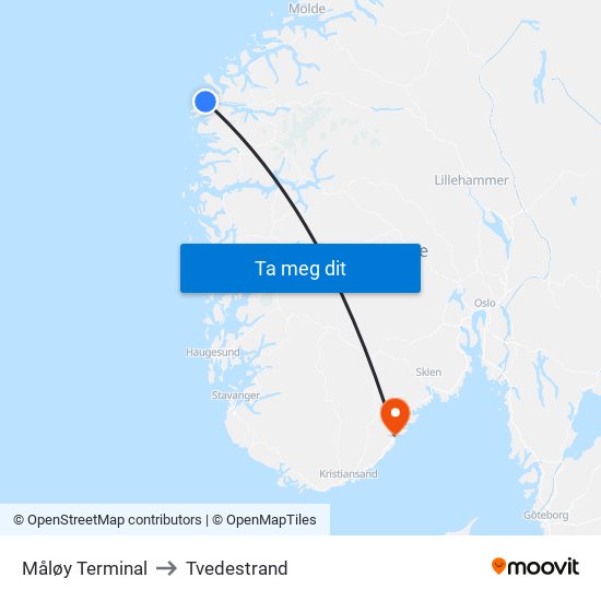 Måløy Terminal to Tvedestrand map