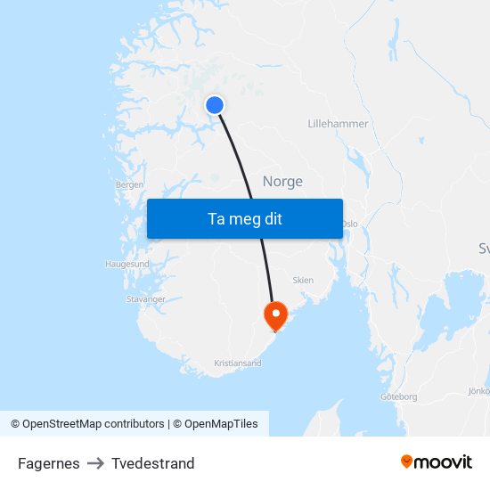 Fagernes to Tvedestrand map