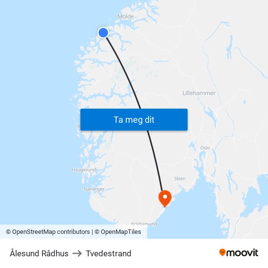 Ålesund Rådhus to Tvedestrand map