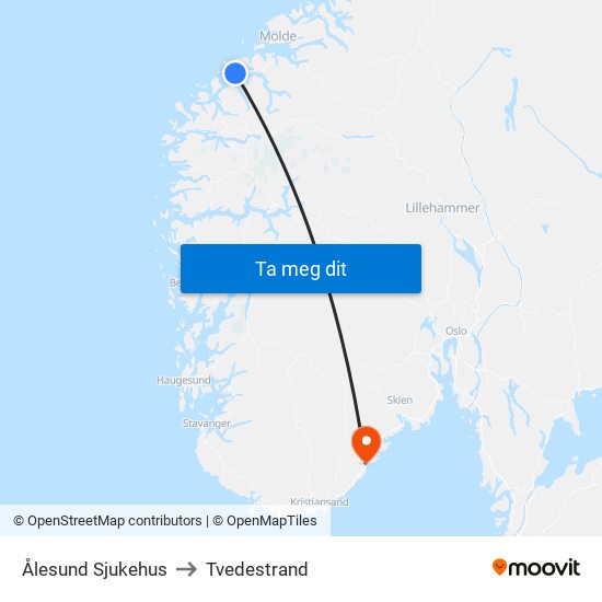 Ålesund Sjukehus to Tvedestrand map