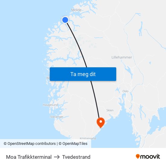 Moa Trafikkterminal to Tvedestrand map