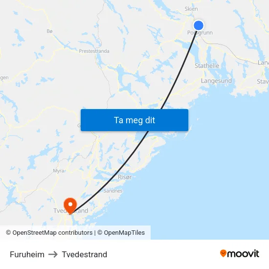Furuheim to Tvedestrand map