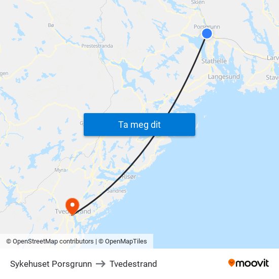 Sykehuset Porsgrunn to Tvedestrand map