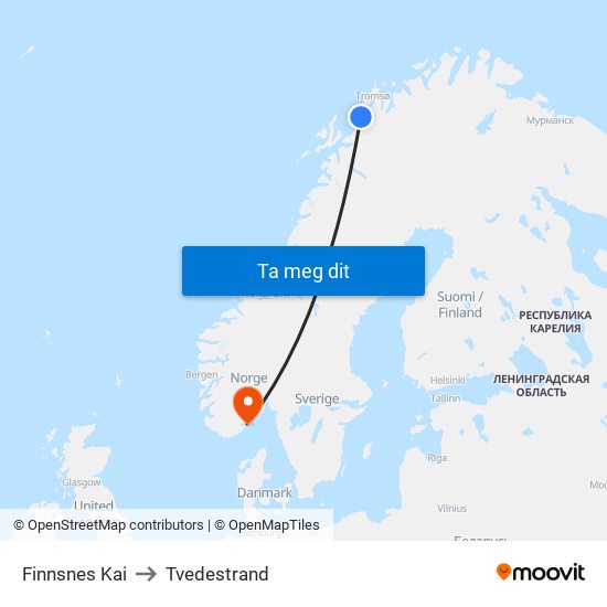 Finnsnes Kai to Tvedestrand map