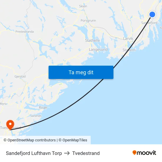 Sandefjord Lufthavn Torp to Tvedestrand map