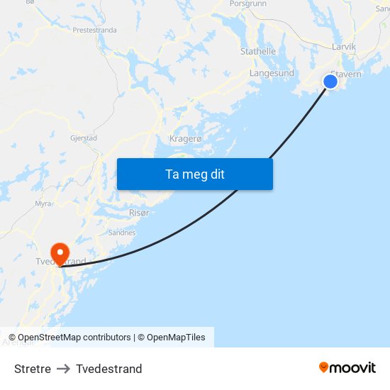 Stretre to Tvedestrand map