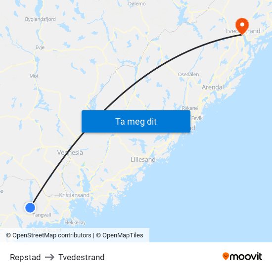 Repstad to Tvedestrand map