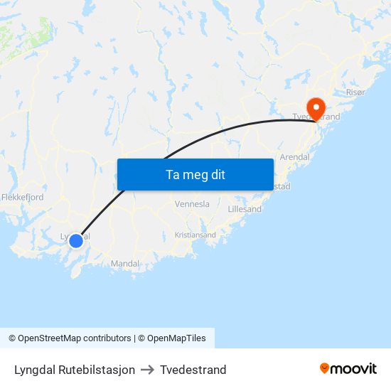 Lyngdal Rutebilstasjon to Tvedestrand map