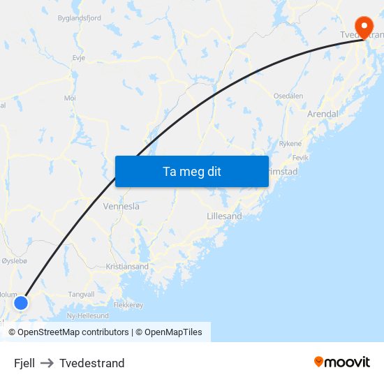 Fjell to Tvedestrand map