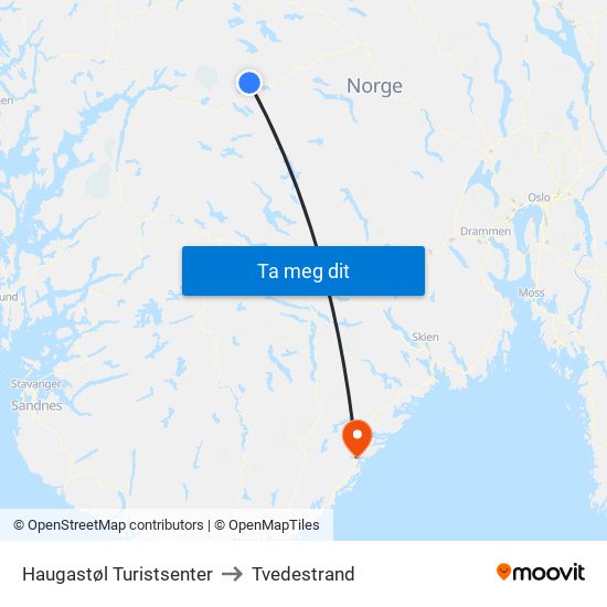 Haugastøl Turistsenter to Tvedestrand map