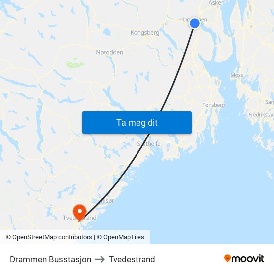 Drammen Busstasjon to Tvedestrand map