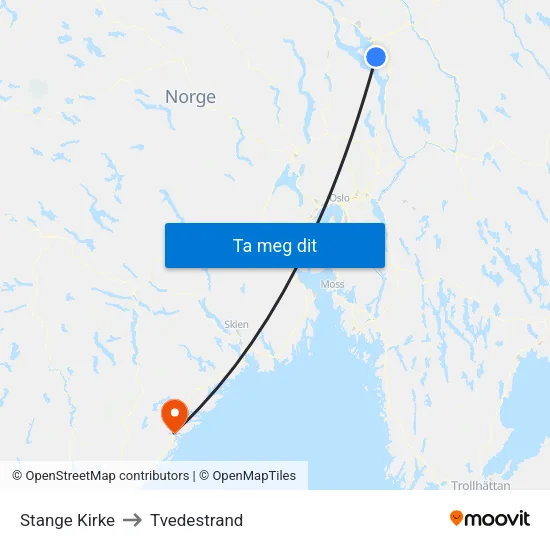 Stange Kirke to Tvedestrand map