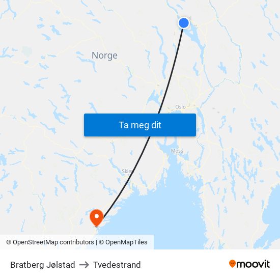 Bratberg Jølstad to Tvedestrand map