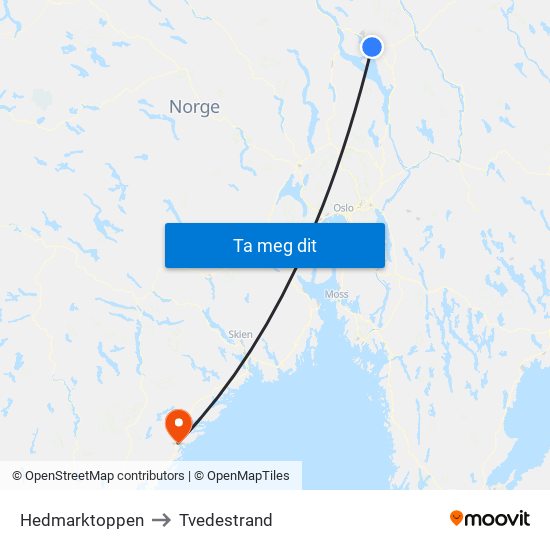 Hedmarktoppen to Tvedestrand map