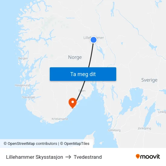 Lillehammer Skysstasjon to Tvedestrand map
