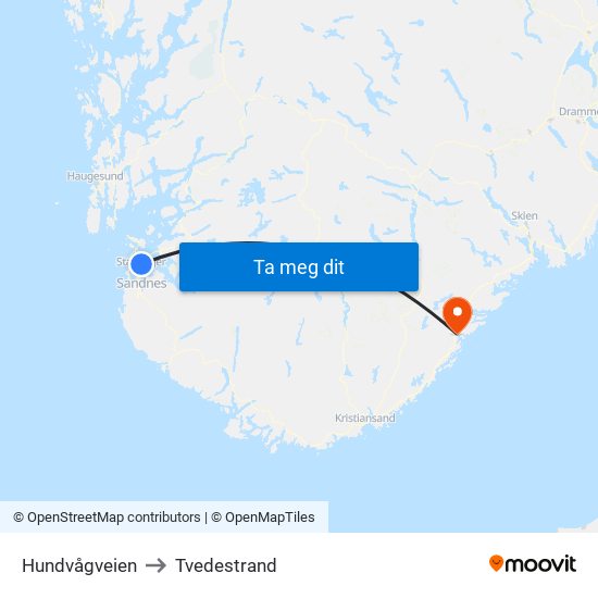 Hundvågveien to Tvedestrand map