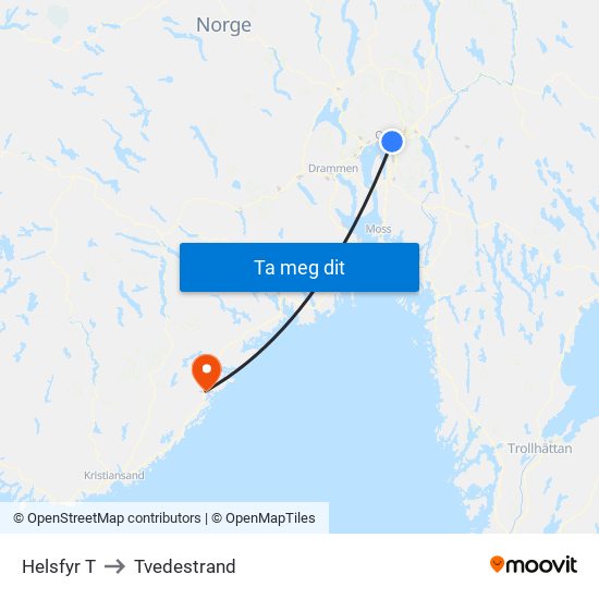 Helsfyr T to Tvedestrand map