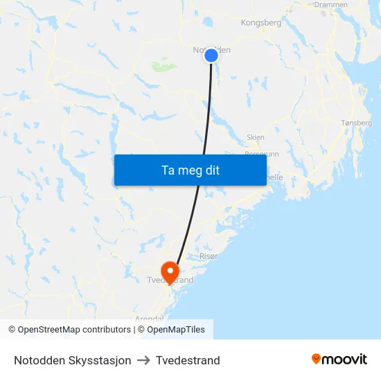 Notodden Skysstasjon to Tvedestrand map
