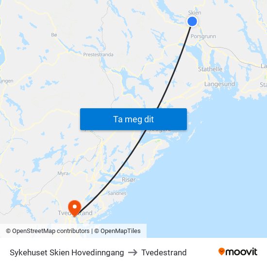 Sykehuset Skien Hovedinngang to Tvedestrand map