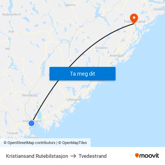 Kristiansand Rutebilstasjon to Tvedestrand map