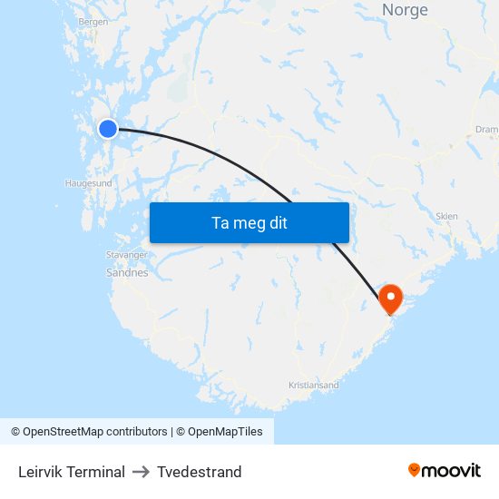 Leirvik Terminal to Tvedestrand map
