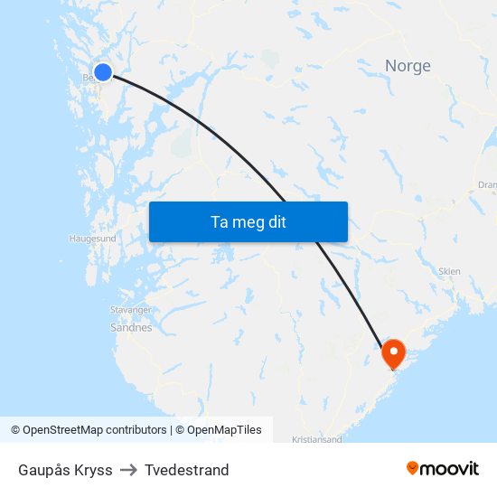 Gaupås Kryss to Tvedestrand map