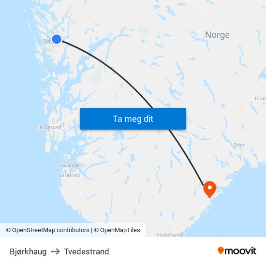 Bjørkhaug to Tvedestrand map