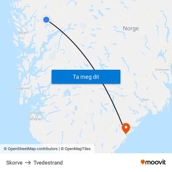 Skorve to Tvedestrand map